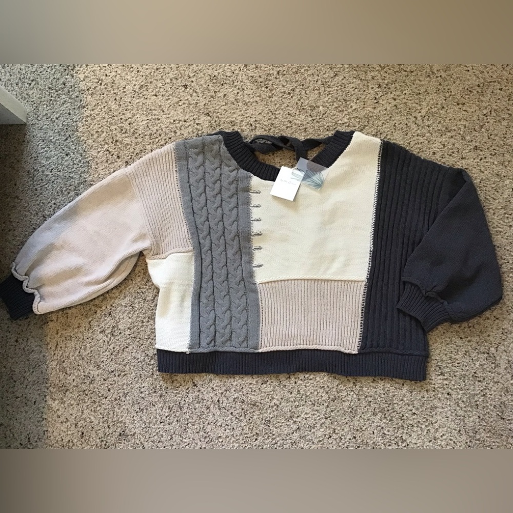 Patchwork Knit Sweater in Gray and Cream